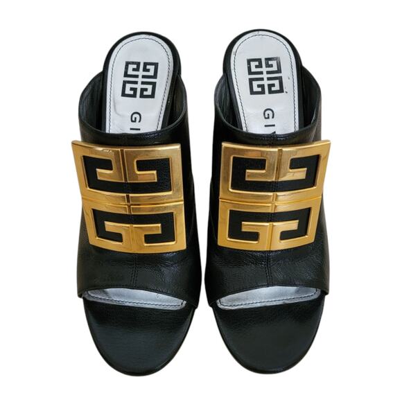 Givenchy Black Leather Logo Monogram 4G Mules Heeled Sandals 7.5 37.5 - Picture 3 of 13